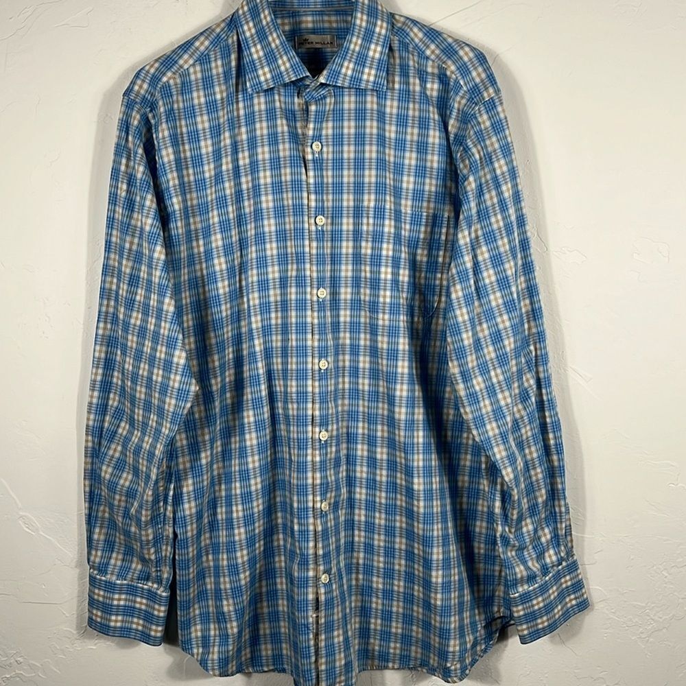 🔥 PETER MILLAR 100% Cotton Button Down Long Sleeve Plaid Shirt Sz Lg - PERFECT‎